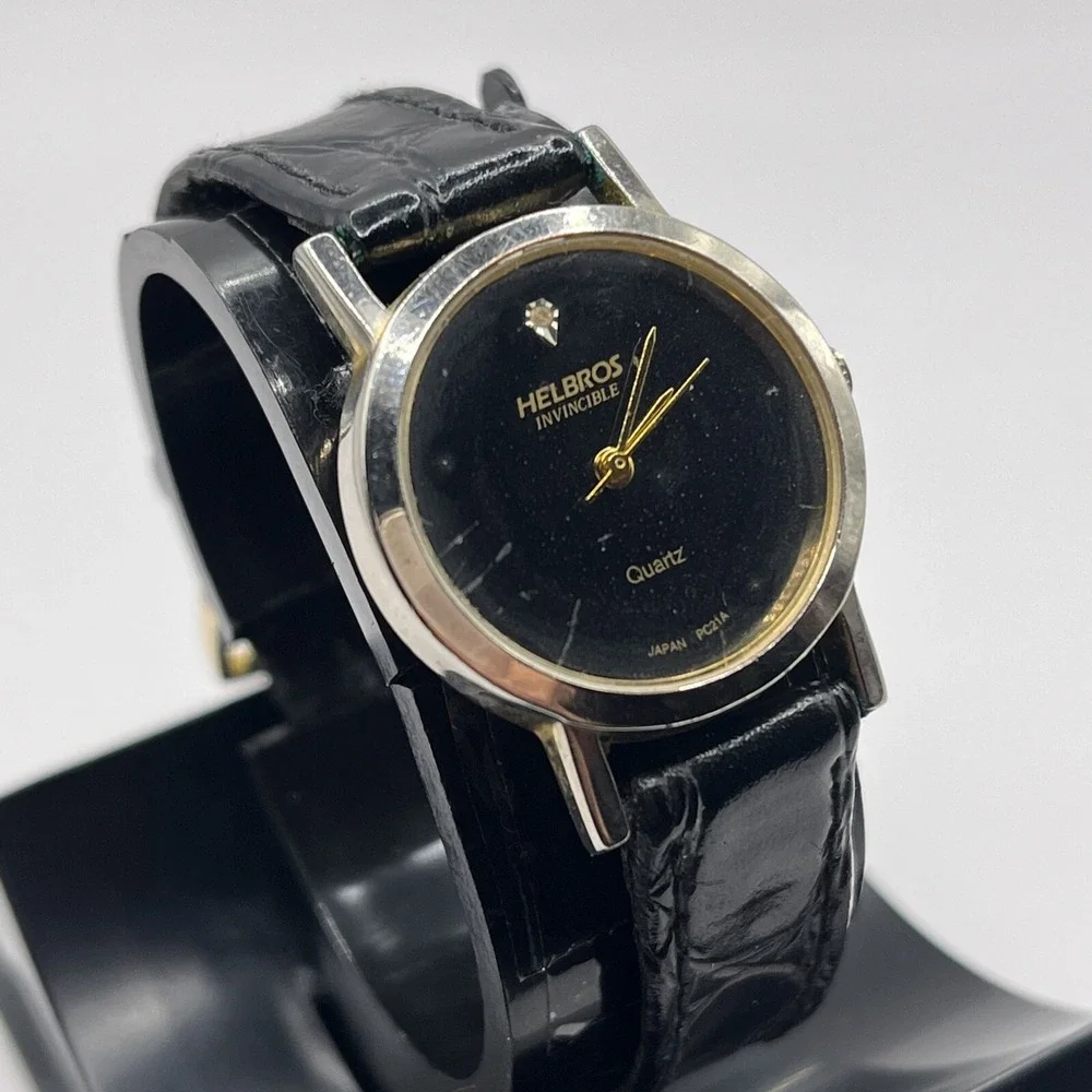 Helbros Invincible‎ Gold Tone Case 25 mm Black Band Women's Watch- New Battery